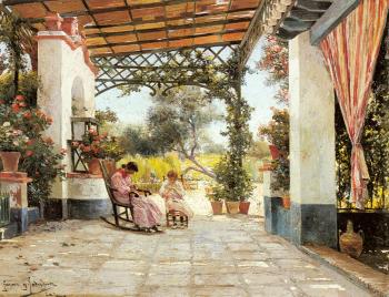 曼紐爾 加西亞 羅德裡格斯 Mother And Daughter Sewing On A Patio 曼紐爾 加西亞 羅德裡格斯 Mother And Daughter Sewing On A Patio